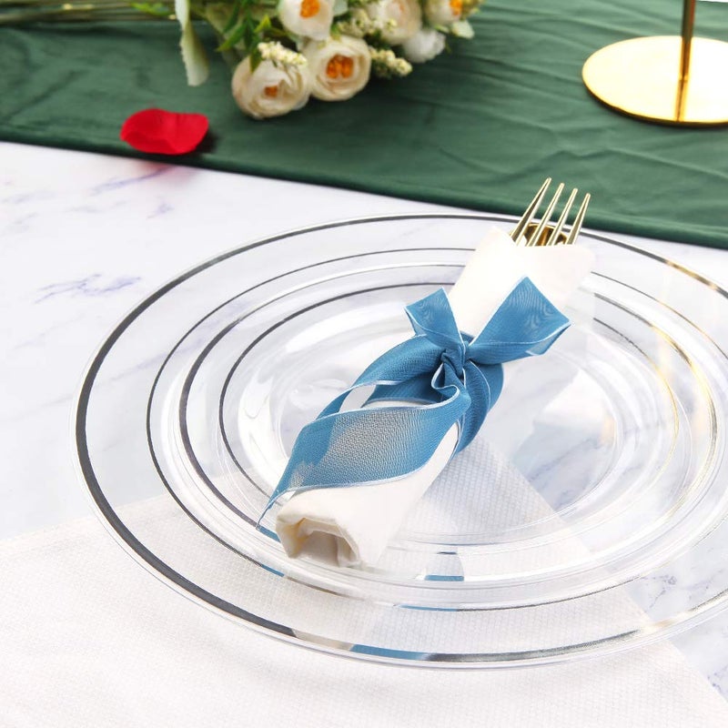 I00000 96 Pieces Clear Silver Plastic Plates, Clear Disposable Plates with Silver Rim Heavy Duty Fancy Wedding Party Plate Include 48 Dinner Plate 10.25" and 48 Dessert Appetizer Plate 7.5" - Image 2